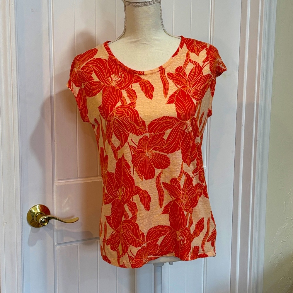 Tahari 100% Linen Tropical Floral Print Short Sleeve Tunic Tee- Button Down Back